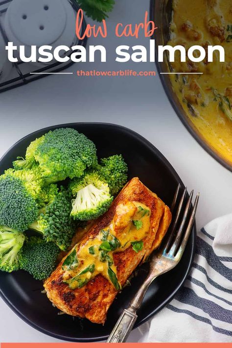 Low carb, keto friendly, and big on flavor! This Tuscan salmon is a family favorite. Creamy Tuscan Salmon, Low Carb Salmon Recipes, Tuscan Salmon Recipe, Tuscan Salmon, Low Carb Life, Salmon Filets, Recipe Using Chicken, Fresh Salmon, Salmon Seasoning