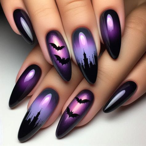 Gradient Halloween Nails, Bats Nail Art, Black Ombre Halloween Nails, Deep Purple Halloween Nails, Green Purple And Black Nails, Black Halloween Nails Square, Purple Chrome Halloween Nails, Bats Nail Design, Cateye Halloween Nail Designs