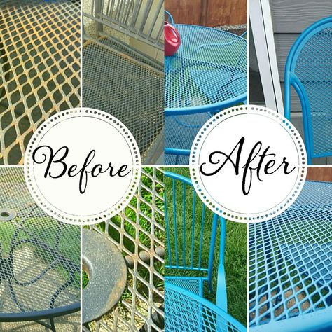 Wrought iron patio furniture has a timeless style.... IF you maintain its finish. The good news is that it is super easy and inexpensive to refinish your wrought iron! And if you are like me, refinishing is the perfect opportunity to add bright color to your backyard!    All you need to make your wrought iron like new is:   Wire brush  Sandpaper  Rust-resistant Spray Paint I used 7 cans to cover 1 large round table and 5 chairs. I bought mine at a local store for about $4/can. I alread… Painted Wrought Iron Patio Furniture, Patio Furniture Redo Metal, Refinish Metal Patio Furniture, Refinish Wrought Iron Patio Furniture, How To Repaint Metal Patio Furniture, Vintage Patio Furniture, Patio Table Decor, Backyard Upgrades, Patio Furniture Makeover