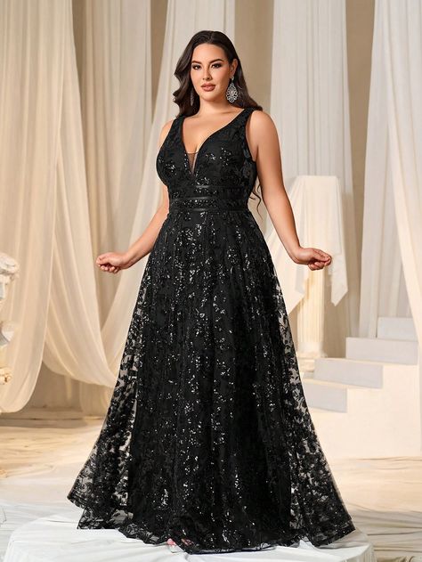 Black  Collar Sleeveless Sequins Colorblock,Plain,All Over Print A Line Embellished Slight Stretch Spring/Summer Weddings & Events Wedding Dresses For Kids, Wedding Dress Sequin, Black Tie Gala, Sequin Prom Dress, Plunging Neck, Mauve Dress, Formal Party Dress, Sequin Gown, Glitter Dress