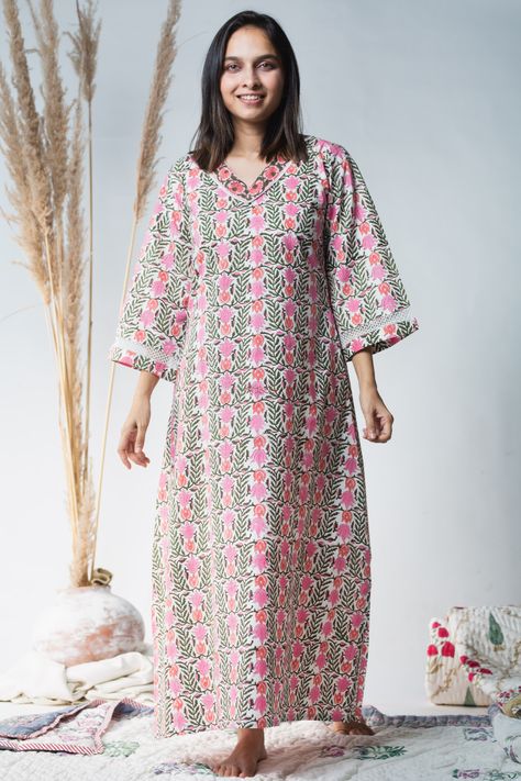 Give a luxurious touch to your loungewear with the unparalleled softness & breathable comfort of this 100% premium cotton nightie. The nightie features an overlay of exquisite hand block prints. The relaxed fit and feel are enhanced with billowy 3/4th sleeves and a chic V-neckline with lace details. Nighty Designs Indian Cotton, Indian Nighty, Nighty Designs Indian, Cotton Nighty For Women, Nighty Designs, Nighty Night Dress, Cotton Nighties, Night Gowns, Kurta Dress