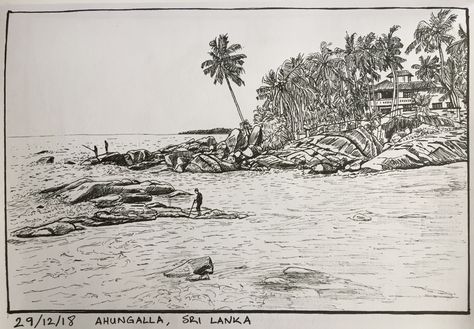 Ahungalla Sri Lanka Beach Travel Pen Sketch Drawing Pen Sketch Drawing, Beach Sketches, Sri Lanka Beach, Inktober 2024, Beach Illustration, Pen Sketch, Sea Art, Ink Sketch, Beach Travel