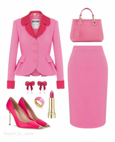 Pink Office Dress, Hot Pink Office, Barbie Office, Hot Pink Outfit, Conservative Outfits, Dressy Hats, Shrug For Dresses, Pink Office, Fasion Outfits