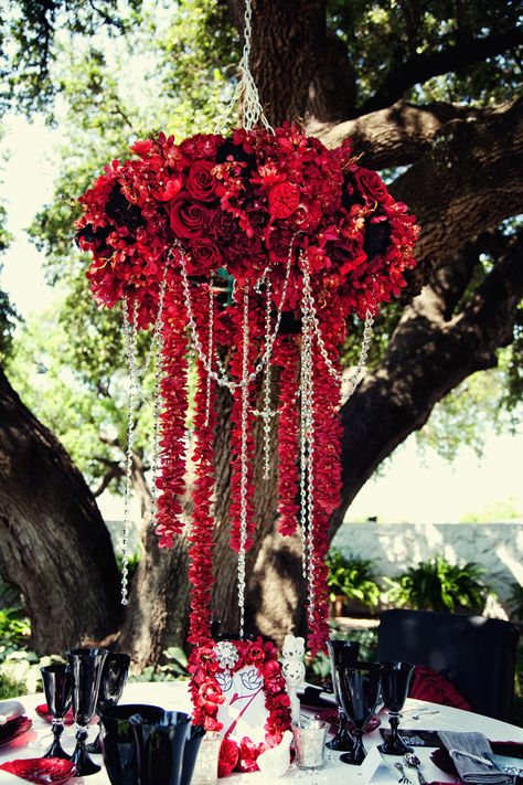 Rose Chandelier, Red Flower Arrangements, Ribbon Chandelier, Wedding Ceiling, Red And White Weddings, Red Chandelier, Wedding Background Decoration, Bear Wedding, Dream Wedding Decorations