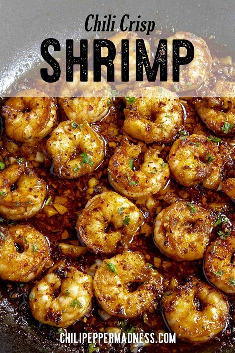 Chili Crisp Shrimp combines succulent shrimp with spicy, crunchy chili crisp, a bold and flavorful dish that's quick and easy to make, a great app or meal! Shrimp Cargot, Spicy Shrimp Recipes, Salmon Glaze Recipes, Chili Crisp, Seafood Meals, Fast Meals, Delicious Seafood Recipes, Shrimp Appetizers, Homemade Chili