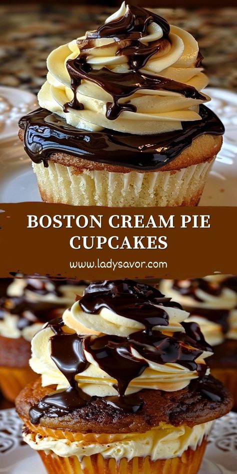 Easy Boston Cream Pie, Chocolate Ganache Topping, Cream Pie Cupcakes, Boston Cream Pie Cupcakes, Cream Filled Cupcakes, Peanut Butter Cream Pie, Lemon Cream Cake, Pastry Cream Filling, Fudge Pie