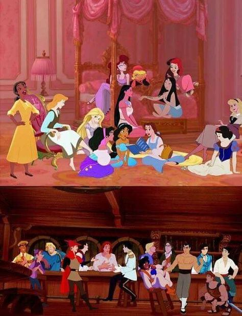 Girls night vs Guys night Disney Couple, Mini Altar, Disney Queens, Disney Princesses And Princes, Funny Disney Memes, Images Disney, Disney Facts, Disney Princes, Pinturas Disney