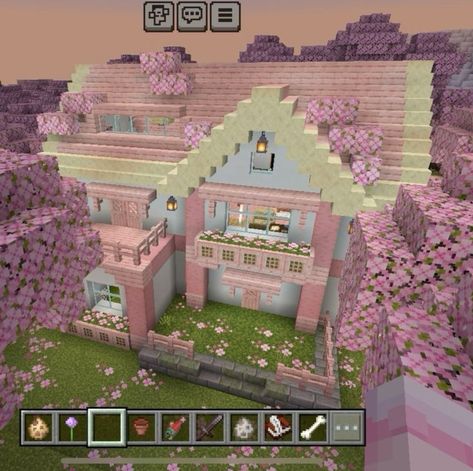 Minecraft Date Ideas, Girly Minecraft Houses, Cute Pink Minecraft House, Minecraft Pink House, Pink Minecraft Builds, Girly Minecraft Builds, Pink Minecraft House, Rumah Minecraft Sederhana, Minecraft Interior Design