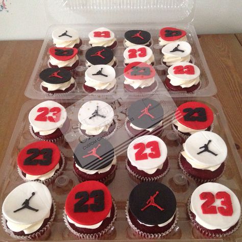 Air Jordan Cupcakes Jordan Cakes Birthdays, Michael Jordan Cupcakes, Jordan Birthday Cake Ideas, Jordan Year Party Ideas, Air Jordan Cake Ideas, Air Jordan Birthday Party Ideas, Jordan Year Birthday Cake, Jordan Themed Birthday Party, Jordan Theme Cake