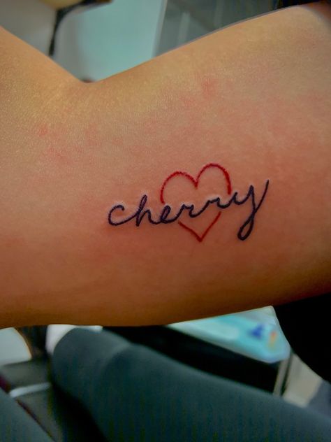 cherry heart tattoo Cherry Tattoo Lana Del Rey, Minimal Cherry Tattoo, Cherry Harry Styles Tattoo, Lana Inspired Tattoo, Cherry Heart Tattoo, Cherry Tattoo Design, Lana Del Rey Tattoo Ideas, Lana Tattoo, Harry Styles Cherry