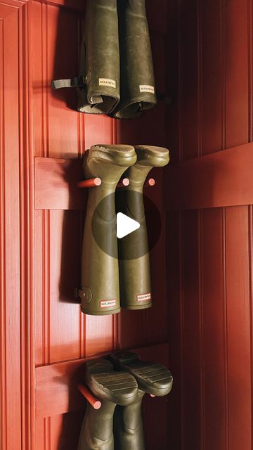 Pantry Hill on Instagram: "Wellie weather. ✨🍂🍁 My father-in-law built this boot room for us four years ago and we added this rack, which saves so much floor space during boot season. It’s just simple wooden dowels screwed directly into the trim. We used longer dowels for the bigger boots, to ensure none come tumbling down on little heads. 🤎" Winter Boot Storage, Wellie Storage, Boot Room Ideas, Pantry Hill, Boot Holder, Boot Brush, Boot Storage, Mud Room Storage, Wellies Boots