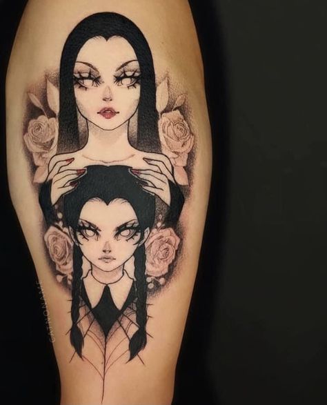 Win Tattoo, Morticia Wednesday, Tattoo Dark, Bauch Tattoos, Petit Tattoo, Wednesday Adams, Kawaii Tattoo, Creepy Tattoos, Gothic Tattoo