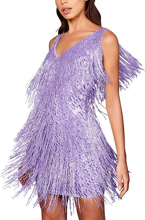 Teens Outfits, Womens Sequin Dresses, Outfit Sport, Outfit Verano, Accessories Outfit, Outfit Autumn, Fringe Mini Dress, Tassel Dress, Purple Mini Dresses