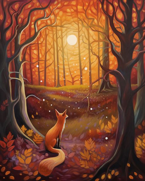 "\"Autumn's Sentinel\" is a captivating artwork that embodies the spirit of fall with a solitary fox set against the backdrop of a fiery autumnal forest. The amber glow of the setting sun filters through the trees, casting a warm light that dances on the fox's russet fur. Each leaf seems to hold a story, a note in the forest's symphony, as they blanket the earth in a mosaic of fall colors.The fox, poised and attentive, gazes into the distance, a guardian of the fading day. Its presence is a reminder of the wild's quiet watchfulness and the beauty of nature's cycles. This painting is an invitation to embrace the season's fleeting splendor, to pause and appreciate the enchanting display of nature's palette. It's a piece that will bring the essence of autumn's magic into any space, evoking a Autumn Woodland Illustration, Autumn Mythical Creatures, Autumn Fantasy Art, Fall Forest Painting, Fox In Autumn, Fox Paintings, Autumnal Forest, Fox Autumn, Sun Artwork