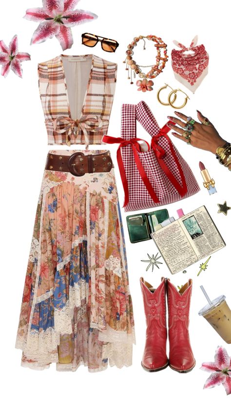 Maximalist Boho Flower Cottage Picnic Outfit Cottage Picnic, Maximalist Outfit, Maximalist Boho, Picnic Outfit, Flower Cottage, Western Fashion, Fashion Inspo Outfits, Dress To Impress, Mood Board