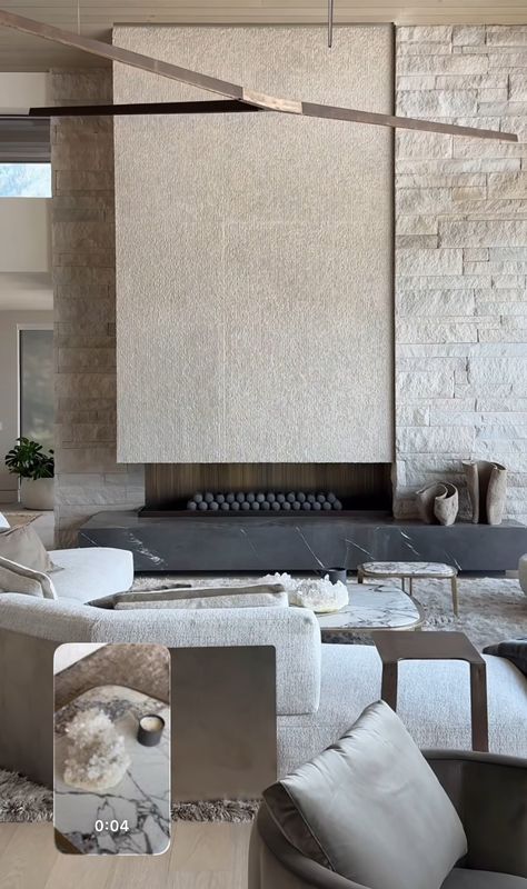 Electric Fireplace In Office, Micro Concrete, Fireplace Feature Wall, Floating Fireplace, Luxury Landscaping, Japandi Living, Timber Slats, Linear Fireplace, Concrete Fireplace