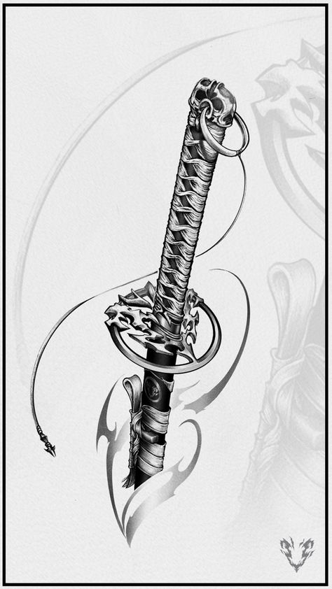 Tattoo design of the katana Tattoo Design Japanese, Ninja Tattoo Design, Tattoo Concepts, One Piece Tattoo Design, Japanese Tattoo Ideas, Samurai Swordsman Tattoo, Ninja Tattoo, Japanese Warrior Tattoo, Samurai Warrior Tattoo