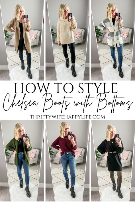 Chelsea Boots Outfit Fall 2024, Chelsea Boots Outfit Ideas, Flat Chelsea Boots Outfit, Chelsea Boots With Socks Outfit, How To Wear Chunky Boots With Jeans, Chelsea Boots Straight Leg Jeans, Chelsea Boot With Wide Leg Pants, How To Wear Chelsea Boots, Taupe Chelsea Boots Outfit