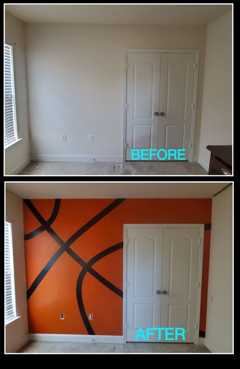 Basketball painted wall mural. Turned my son's bedroom wall into a basketball wall... Y'all Diy Basketball Bedroom Ideas, Basketball Mural Bedroom, Basketball Wall Art Diy, Basketball Wall Painting, Bedroom Basketball Ideas, Basketball Accent Wall, Basketball Wall Mural, Nba Bedroom Ideas, Basketball Gaming Room