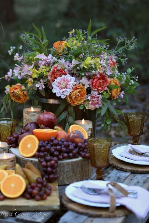 Fruit and Flowers Table Centerpiece details Fall Fruit Centerpieces Wedding, Fruit Table Scape, Fruit Table Setting, Fruit Flower Arrangements, Fruit Centerpieces Wedding, Fruit Tablescape, Traditional Table Decor, Fruit Theme Party, Picnic Table Decor