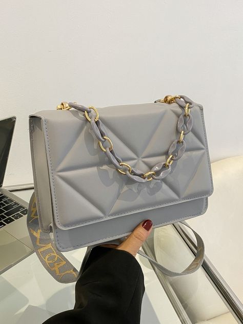 Grey Fashionable Collar  PU Leather Plain Square Bag Embellished   Women Bags My Style Bags, Chic Quilts, Aesthetic Bags, Tas Fashion, Fancy Bags, Pretty Bags, Best Bags, Cute Bags, Stylish Bag