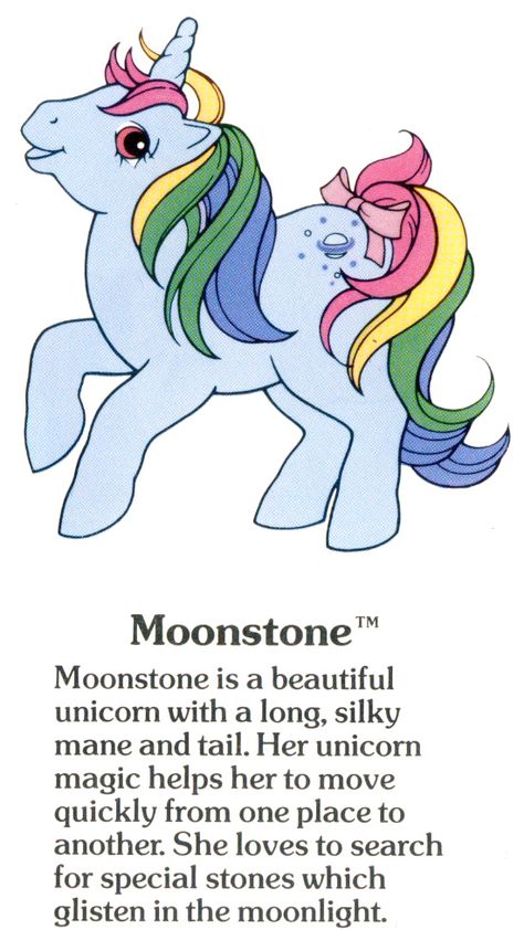 My Little Pony Fact File: Moonstone Old My Little Pony, My Little Pony Names, Original My Little Pony, Vintage My Little Pony, Beautiful Unicorn, My Little Pony Characters, 80s Cartoons, Rainbow Brite, Unicorn Horn