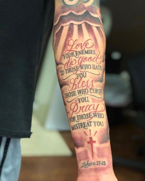 Love Your Enemies Tattoo, Tattoos Half Sleeve, Jesus Tattoo Sleeve, Religious Tattoo Sleeves, 27 Tattoo, Half Sleeve Tattoo Stencils, Half Sleeve Tattoos Forearm, Cool Half Sleeve Tattoos, Half Sleeve Tattoos Drawings