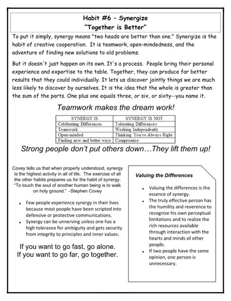 Habit 6 Synergize info sheet Habit 6 Synergize, Leadership Principles, Leadership Classes, Elementary Principal, English Speaking Skills, Seven Habits, Leader In Me, Career Exploration, Physical Education Games