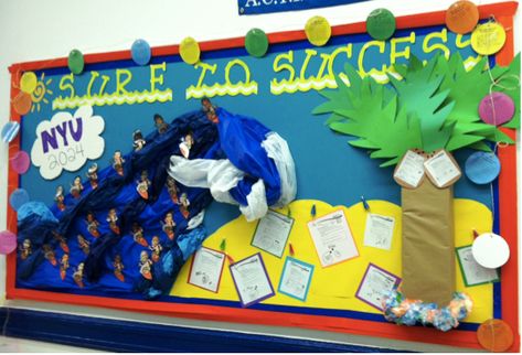 Classroom bulletin board ideas From Success Academy Charter Schools | Screenflex Portable Partitions Surf Bulletin Board, Surfing Bulletin Board Ideas, Wave Bulletin Board, Sports Classroom Decorations, Ocean Library, Nautical Bulletin Boards, Classroom Bulletin Board Ideas, Goals Bulletin Board, Tropical Decorations