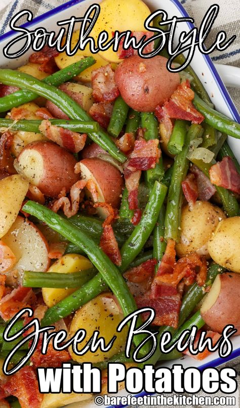 Green Bean Side Dish Recipes, Green Bean Potato Salad, Green Beans Potatoes, Potatoes And Bacon, Smothered Green Beans, Southern Green Beans, Potatoes With Bacon, Beans Potatoes, Beans And Potatoes