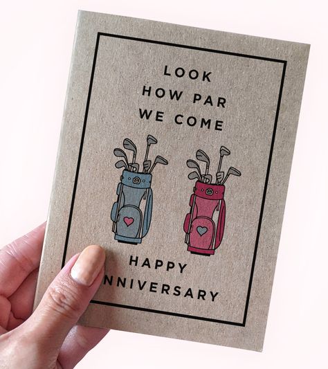 A couple that tees together, stays together.   If you can make it through 18 rounds of golf, you can make it through anything. On Cover: Look How Par We've Come Happy Anniversary Blank inside. Details: *Printed on 100% Eco Friendly Recycled Kraft cardstock *Handmade and Designed by KraftStreetPaper Co *Printed and Shipped by KraftStreetPaper Co.   This is NOT dropshipped or delivered by a print on demand company. *Card is A2 in size which is 4.25 inches (width) by 5.5 inches (height) *Comes with an envelope (different colors). *By purchasing this, you are supporting a small family business. See More of our fun Anniversary Cards Here: https://www.etsy.com/ca/shop/KraftStreetPaperCo?ref=seller-platform-mcnav&section_id=31355695 Visit Our Store here: https://www.etsy.com/ca/shop/KraftStreetPa Cute Anniversary Cards Diy, Birthday Diy For Husband, Diy Cards Anniversary, 4 Year Anniversary Card, Back Of Greeting Card Design, Card Design For Boyfriend, 2 Year Anniversary Ideas, Happy Anniversary Cards Handmade, Boyfriend Birthday Cards