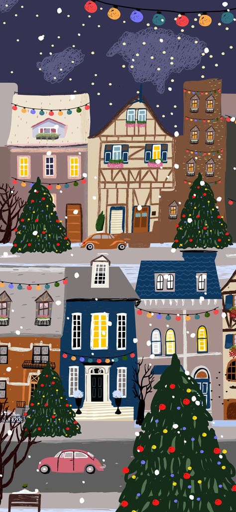 Cute Christmas Collage Wallpaper, Christmas Town Wallpaper, Christmas Illustration Wallpaper, Christmas Art Aesthetic, Christmas Village Wallpaper, Christmas Town Illustration, December Phone Wallpaper, Merry Christmas Wallpaper Iphone, Christmas Wallpaper Aesthetic Iphone