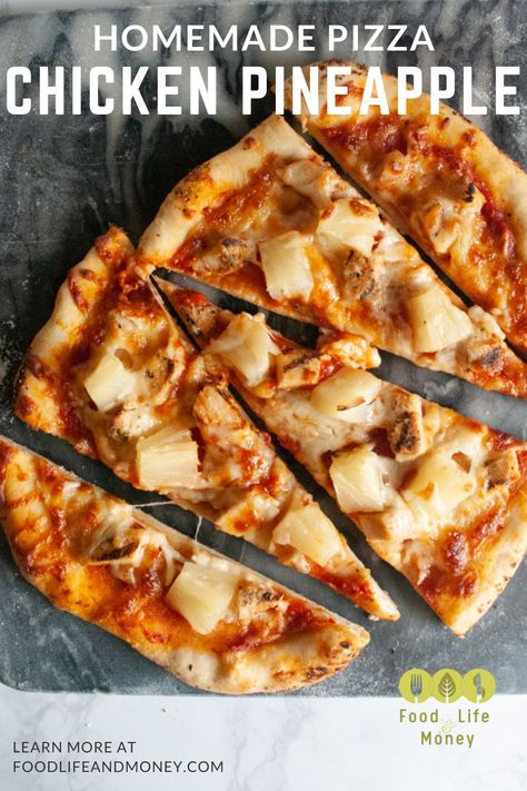 Delicious chicken pineapple pizza with mozzarella and marinara sauce. It is one of our favorite weeknight dinner recipes Chicken Pineapple Pizza, Easy Homemade Pizza Recipe, Pizza With Mozzarella, Pineapple Pizza Recipes, Homemade Pizza Recipe Easy, Pizza Dough From Scratch, Chicken Pizza Recipe, Pizza From Scratch, Homemade Pizza Recipe