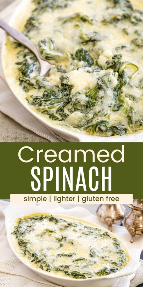 Try Creamed Spinach the next time you need a quick vegetable side dish! It's easy, rich, and so flavorful with lots of baby spinach, Parmesan and cream cheeses, and a pinch of nutmeg. It's naturally gluten free and lighter than other recipes for this classic side! Gluten Free Creamed Spinach, Spinach Deep Recipe, Spinach And Cheese Recipes, Steakhouse Creamed Spinach Recipe, Steakhouse Creamed Spinach, Easy Creamed Spinach, Cream Of Spinach, Baked Caprese Chicken, Keto Creamed Spinach