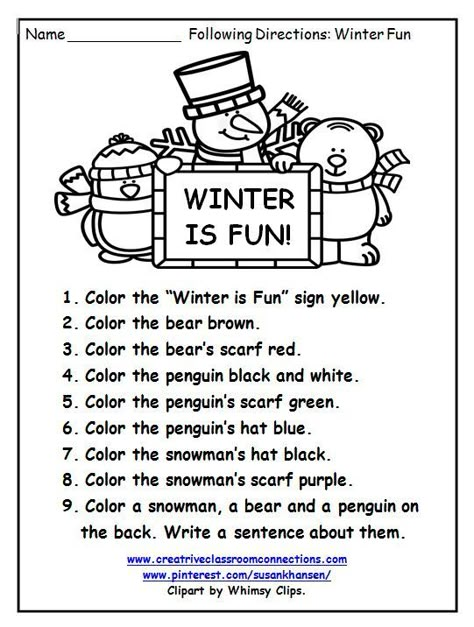 This free Following Directions worksheet provides some fun practice with color words and simple vocabulary words. More free direction worksheets are available at pinterest.com/susankhansen/ Complete units available at www.creativeclassroomconnections.com. Following Directions Worksheet, Follow Directions Worksheet, Directions Worksheet, Following Directions Activities, Ingles Kids, Worksheet Kindergarten, Preschool Winter, Winter Classroom, Christmas Kindergarten