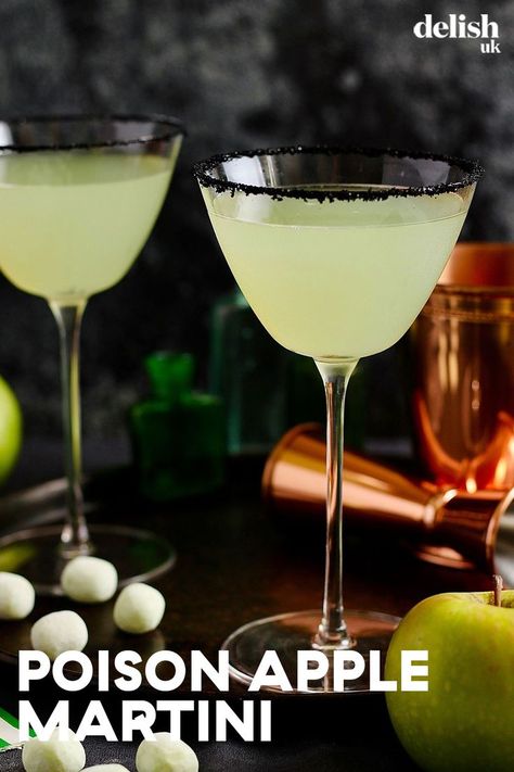 Our Poison Apple Martini is going to be one of your go-to cocktail recipes for the spooky season. Flavoured with apple bonbon sweets, the apple liqueur is made in the dishwasher - but if you don't have one, or don't fancy using it, leave the jar with the sweets and the vodka in a cool, dark place for 48 hours, shaking occasionally until fully dissolved. We've added black sprinkles for a bit of fun, but if you can't get your hands on some, feel free to swap out for some melted chocolate. Poison Apple Martini, Poison Apple Cocktail, Halloween Martini, Apple Martini Recipe, Boozy Shakes, Halloween Themed Drinks, White Russian Recipes, Apple Cocktail, Halloween Menu