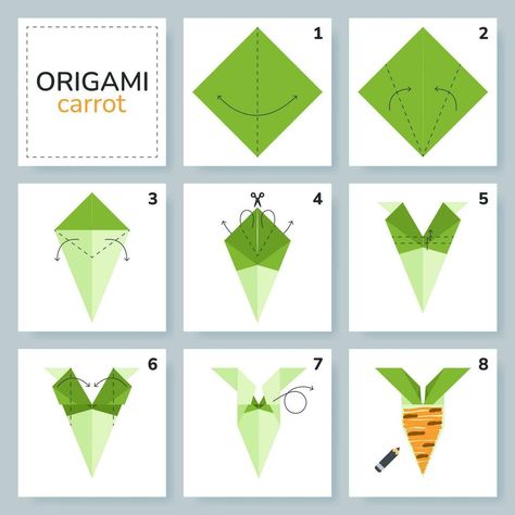 Carrot origami scheme tutorial moving model. Origami for kids. Step by step how to make a cute origami vegetable. Vector illustration. Origami Vegetables, Origami For Kids, Cute Origami, Farm Projects, Premium Vector, Vector Art, Carrots, Origami, Step By Step