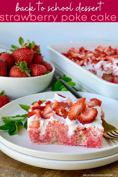 Strawberry Poke Cake Recipe, Gluten Free Strawberry Cake, Dairy Free Whipped Topping, Strawberry Poke Cake, Dairy Free Cake Recipe, Gluten Free Vanilla Cake, Strawberry Poke Cakes, Almond Flour Cakes, Poke Cake Recipe