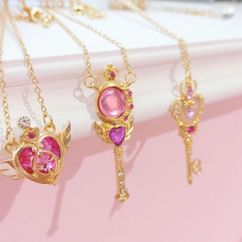 Sailor Moon Jewelry, Anime Moon, Anime Necklace, Wand Crystal, Sakura Kinomoto, Planet Necklace, Keychain Necklace, Princess Jewelry, Star Necklace Gold