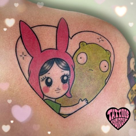 Bobs Burgers Couple Tattoos, Bob Burger Tattoo, Kuchi Kopi Tattoo, Linda Bobs Burgers, Bobs Burgers Tattoo, Kuchi Kopi, San Diego Tattoo, Face Style, Kawaii Tattoo