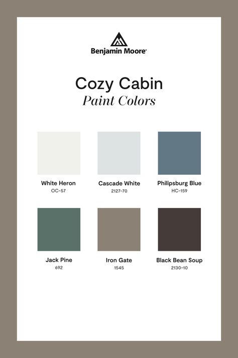 Feeling like you just want to get away? Imitate the rustic charm of a warm, welcoming enclave with this Cozy Cabin paint color palette from Benjamin Moore. Including forest green, lakeside blue, and a goes-with-anything toasted neutral, use these rustic-ready paint colors to help complement natural materials and bring to mind bucolic views. Cabin Paint Colors Interior, Log Cabin Interior Paint Colors, Cabin Color Palette, Cabincore Aesthetic, Cabin Paint Colors, Cabin Style Home, Home Paint Color, Popular Paint Colors, Paint Color Inspiration