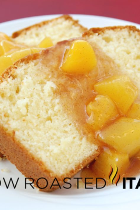 Simple Butter Cake with Peach Sauce Italian Butter Cake Recipe, Simple Butter Cake, Peach Cobbler Pound Cake, Peach Cobbler Ingredients, Italian Butter, Peach Sauce, Peach Pound Cakes, Slow Roasted Italian, Printable Recipes