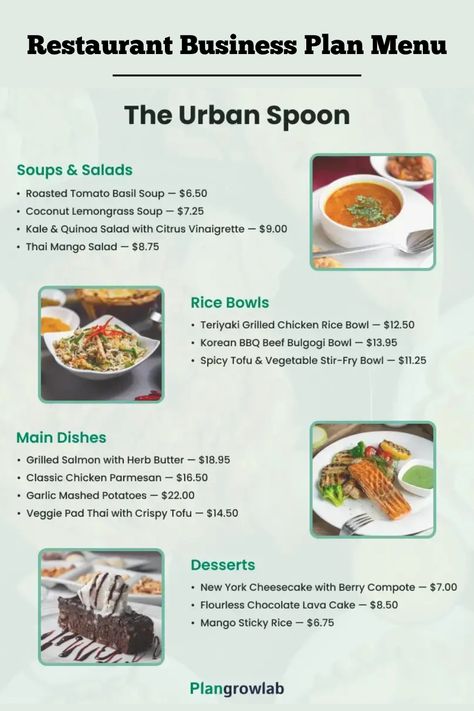 Designing the perfect menu for your restaurant business plan? This guide breaks it down step by step! Learn how to create a menu that aligns with your concept, attracts customers, and boosts profits. Start planning your restaurant success today How To Run A Restaurant Business, Veggie Pad Thai, Lemongrass Soup, Restaurant Business Plan, Food Business Card, Starting A Restaurant, Roasted Tomato Basil Soup, Kale Quinoa Salad, Business Plan Example