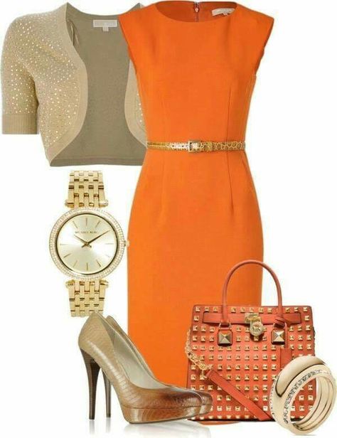 Love this outfit! Orange Dress Accessories, Orange Dress Outfit, Orange Clothing, Ținute Business Casual, Dresses Brown, Office Casual Outfit, Orange Outfit, Stiletto Pumps, Work Wardrobe