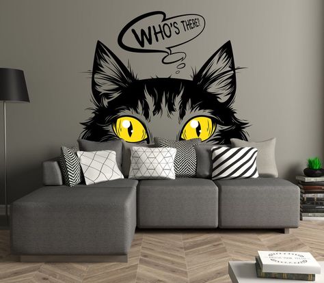 Fairy cat Wall Decal Fairy Cat With Yellow Eyes Animals Wall | Etsy Painting Ideas On Walls Bedrooms Easy, Cat Mural Ideas, Decorate Office Wall, Cat Wall Mural, Cat Mural, Doors Decoration, Wall Drawing Ideas, Decorate Office, Hand Bags Ideas