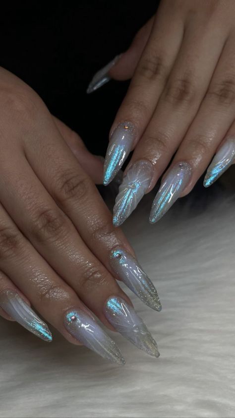 Blue Frosty Nails, Blue Fairy Nails, Fairy Nails, Bday Nails, Pretty Gel Nails, Nails 2021, Blue Fairy, Bling Acrylic Nails, Nails 2024