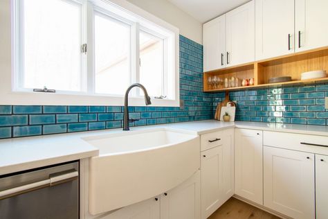 Teal Subway Tile, Concrete Farmhouse Sink, Backsplash Tile Ideas, Sink Styles, Cast Iron Farmhouse Sink, Modern Coastal Kitchen, Yorktown Virginia, Teal Tile, Bold Tile