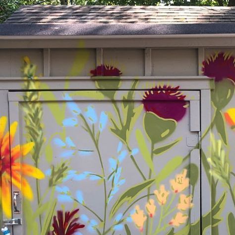 Megan Jefferson Art on Instagram: "Cutest garden shed around.  . #mural #muralist #painting #gardenshed #flowers #floralart #splashofcolor" Mural On Shed, Shed Murals Outdoor, Shed Mural, Western Barbie, Black Cabin, Mural Inspiration, Floral Mural, Tuff Shed, Garden Mural