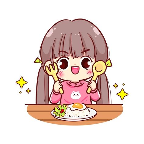 Chibi Eating, Angry Chibi, Chibi Expressions, Children Breakfast, Eating Illustration, Cartoons Eating, Chibi Games, Cartoon Character Illustration, Line Sticker