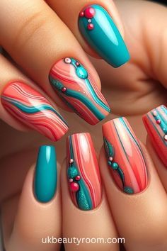 Fun Colorful Nail Designs, Coral And Teal Nails, Nails Cruise, Jel Nails, Interesting Nails, Normal Nails, Shimmer Nail Art, Golden Nail Art, Pink White Nails